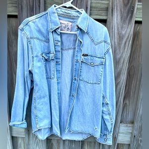 Distressed jean button down
